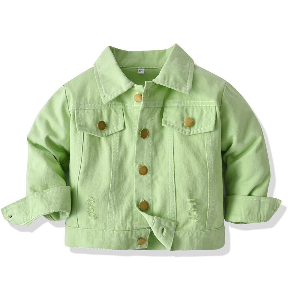 Primavera y otoño chaqueta de moda verde fluorescente 2025 rebeca de solapa para niños chaqueta de mezclilla corta de manga larga comercio exterior ropa para niños
