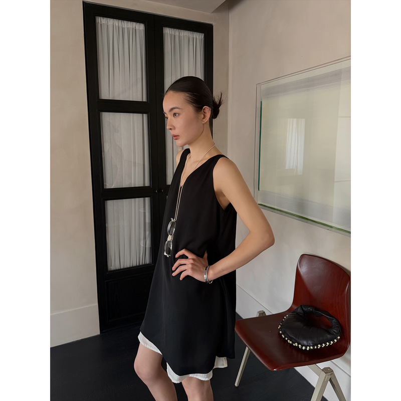 Newopenoriginal26 Summer Hepburn-Style Elegant Dress Mid-Length Sleeveless V-Neck Tank Dress S9168