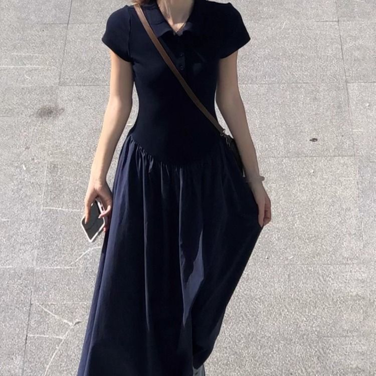 法式休闲慵懒拼接连衣裙女夏季气质短袖polo领长裙子松弛感大摆裙|undefined