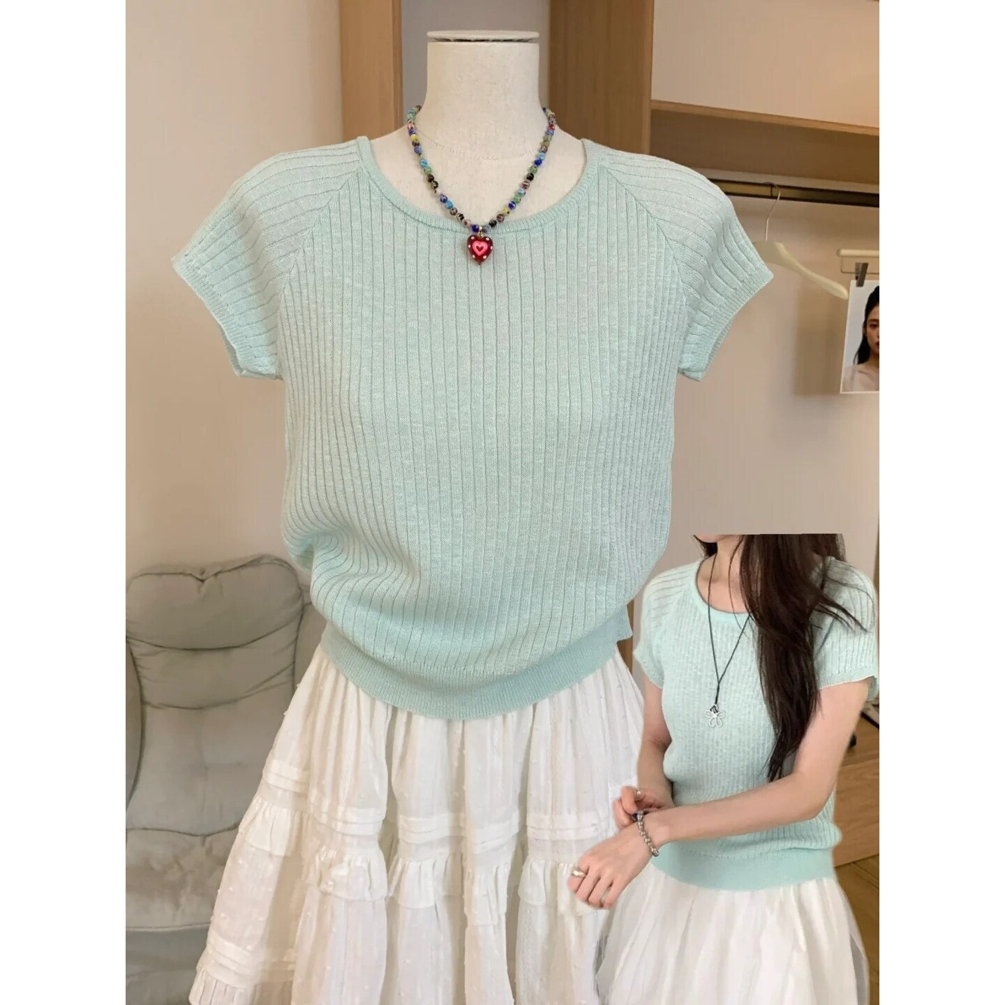 Fresh knitted summer thin fitted base body-friendly short sleeve…
