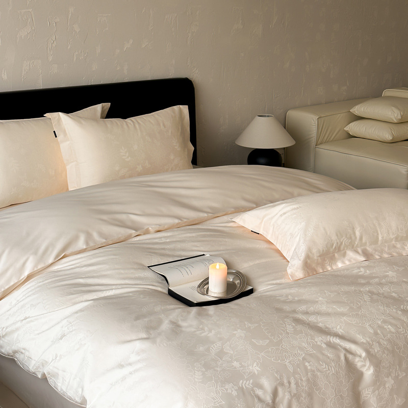 Juego de cama de cuatro piezas de algodón de fibra larga satinado 100S de alta gama, juego de cuatro piezas de algodón puro jacquard, funda nórdica, sábana ajustable