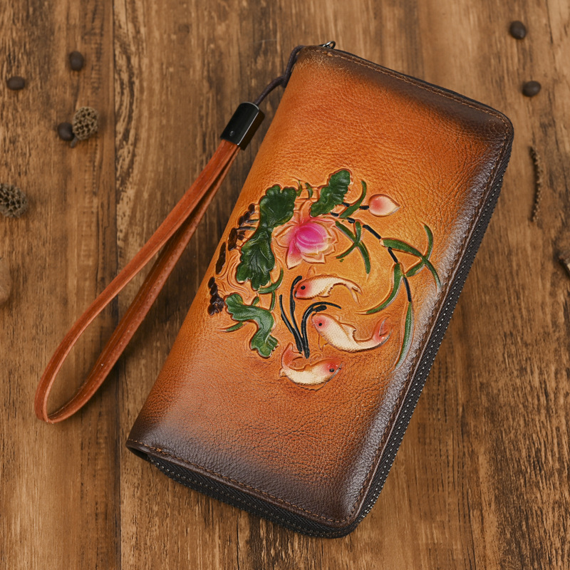 Vegetable Tanned Genuine Leather Women's Long Wallet Double Zipper Embossed Zipper Bag Handmade Color Wipe Craft Anti-theft Brush Advanced Sense
