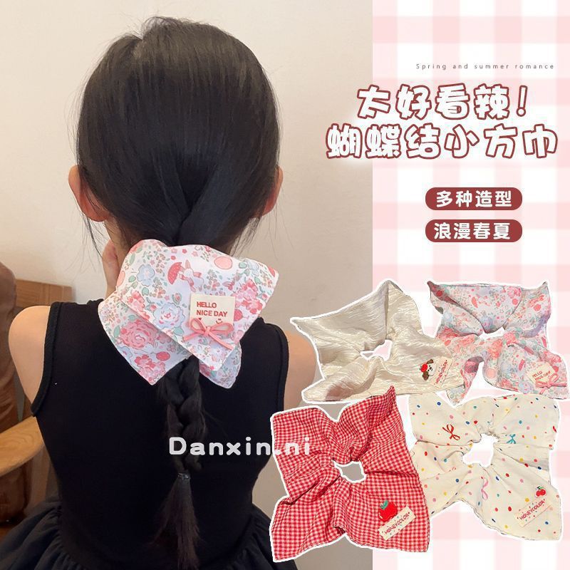 children‘s bow square scarf large intestine hair band girls 2025 new tie ponytail hair string princess bun headdress