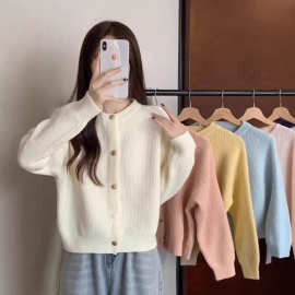 小香风华夫格圆领针织开衫毛衣女秋冬季新款软糯纯色百搭上衣外套