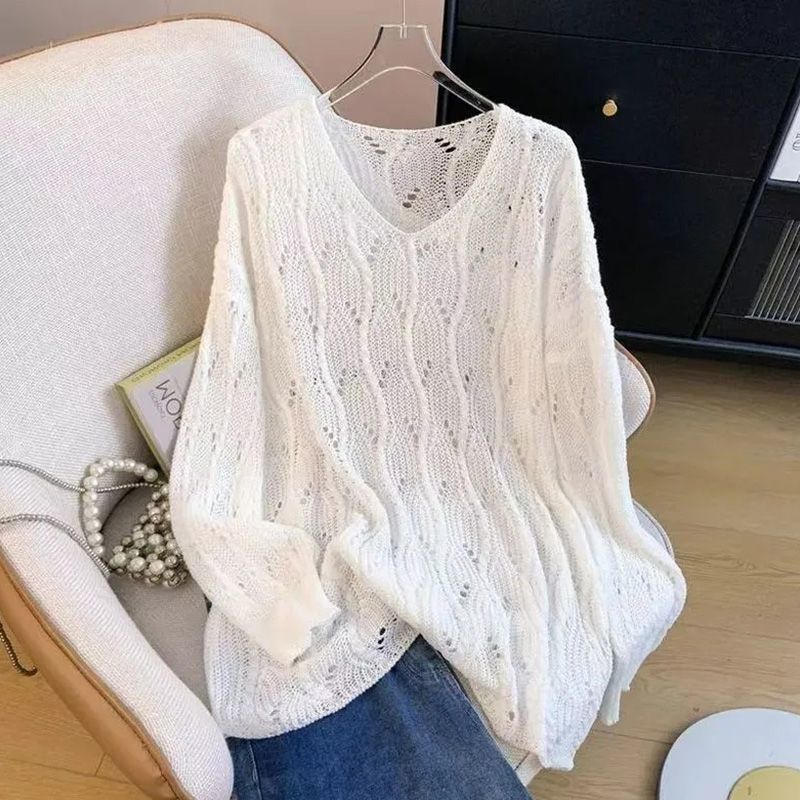 Lazy Style V Neck Cut Out Knitwear Thin Knitwear Women's Summer Large Size Fat mm High-End Outer Blouse Top Lazy Style V Neck Cut Out Knitwear Thin Knitwear Women's Summer Large Size Fat mm High-End Outer Blouse Top
