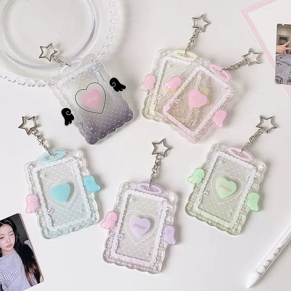 Ins-Style Angel Wings Acrylic Hard Card Holder for Fans of K-Pop 3inch Small Card Film Card Holder Student Polaroid Pendant Set