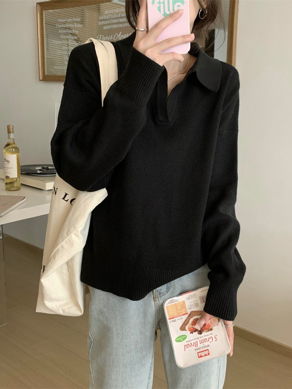 慵懒风宽松上衣百搭polo翻领针织打底衫女2025新款春秋冬内搭毛衣|undefined