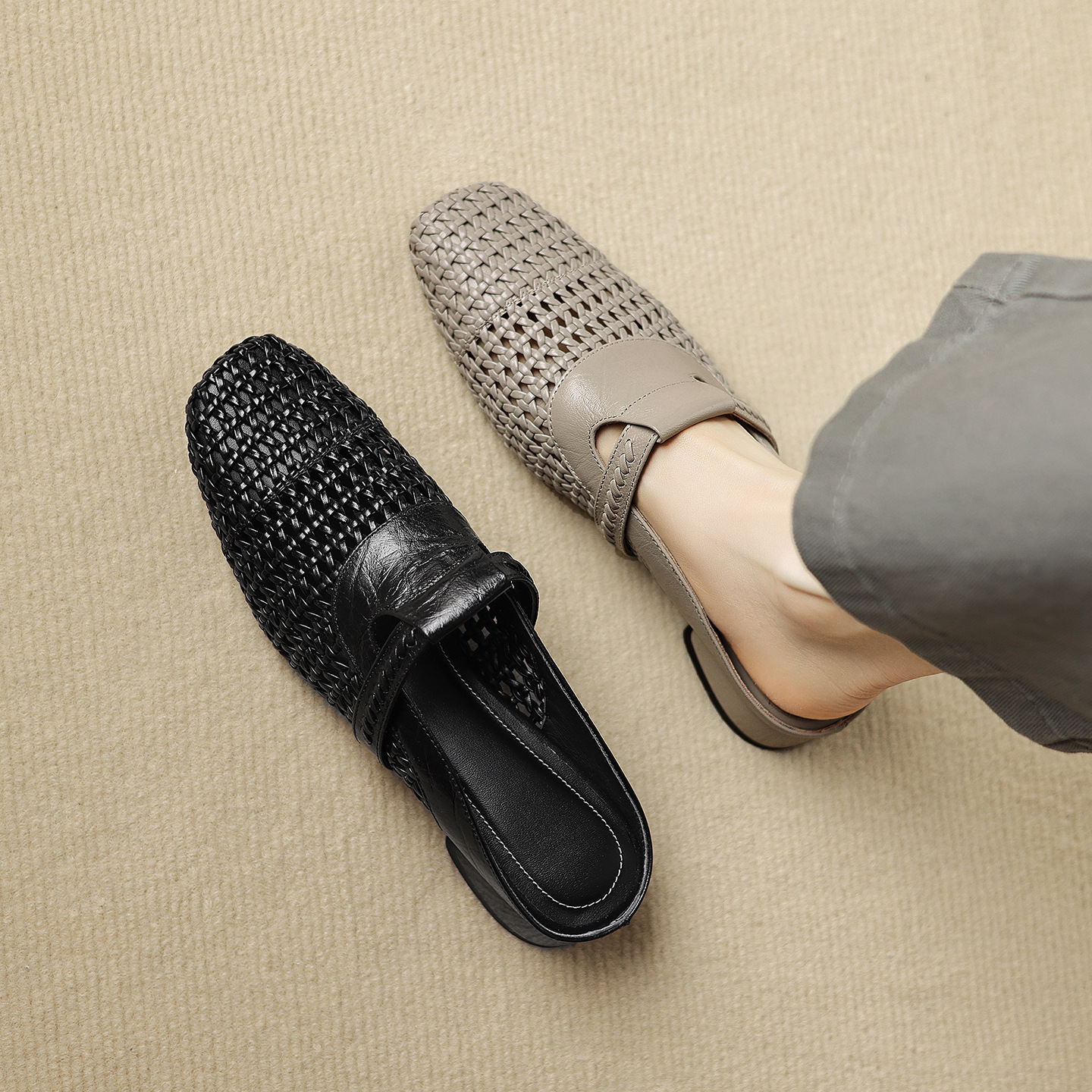 Dép sandal nữ quai chữ V đan dệt, gót thấp 3 cm, phong cách vintage — đen
