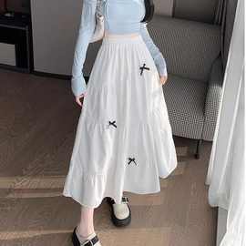 白色赫本风蝴蝶结半身裙女夏季新款高腰a字蓬蓬裙显瘦大摆伞裙子