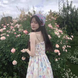 夏日多巴胺碎花系带连衣裙女日系软妹小清新仙气小个子吊带长裙子