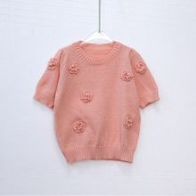 2024法式花朵立体钩花春夏新款圆领泡泡袖短袖温柔针织衫短款上衣