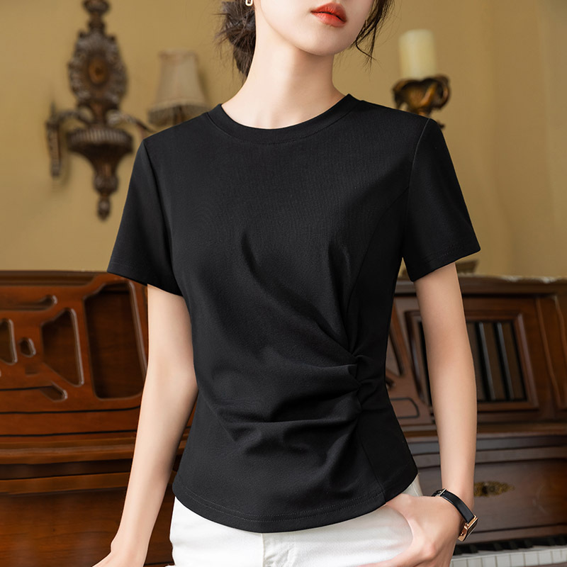 Camiseta de manga corta para mujer verano 2023 nuevo hombro de cuello redondo Mujer color sólido diseño Camiseta de algodón plisado cintura superior