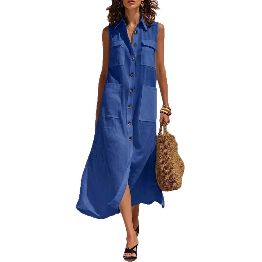 2026 New European and American Cross-Border Fashion Elegant Lady-Style Pocket Shirt Dress Loose Fit V-Neck Beach Vacation Style Dress