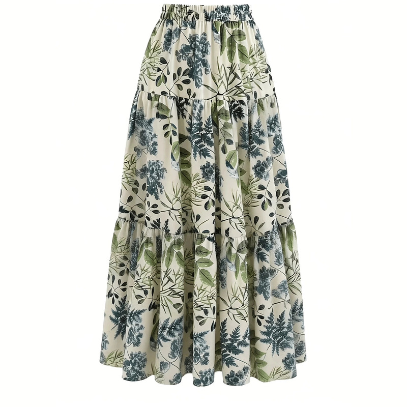 European and American Cross-Border New Style Women's Long Printed Layered Skirt, Non-Elastic Fabric, Elastic Waist, Flowing Long Skirt for Vacation and Summer
