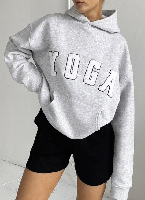 New Casual Gray Embroidered YOGA Printed Loose Hooded Women's Sweatshirt_voghion.com