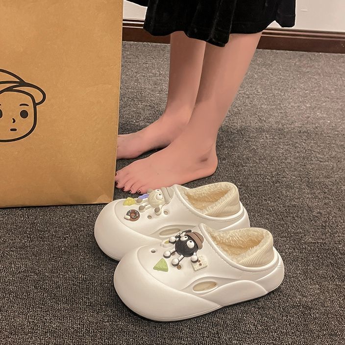 毛毛防滑新款秋冬季厚底洞洞鞋女2024包跟冬天保暖加绒棉拖鞋外穿