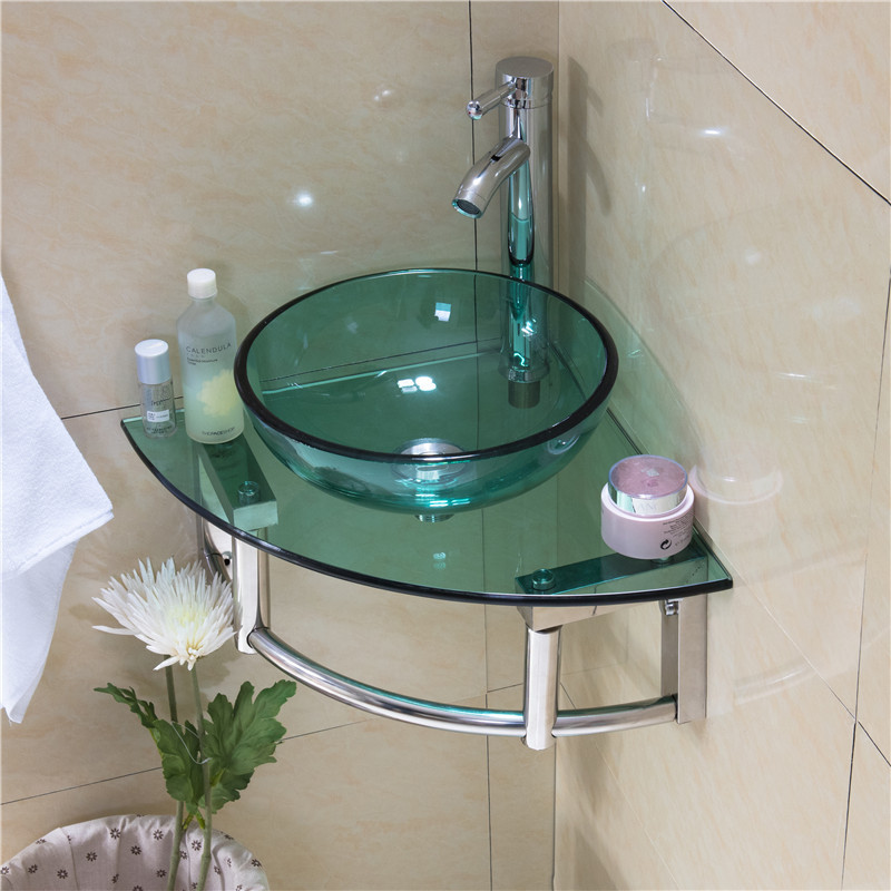 9WOR Small-Sized Wall-Mounted Washbasin with Steel Glass Sink for Bathroom and Toilet Corner