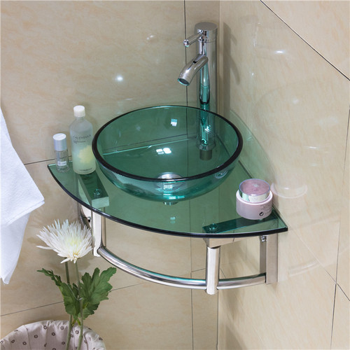 9WOR Small-Sized Wall-Mounted Washbasin with Steel Glass Sink for Bathroom and Toilet Corner