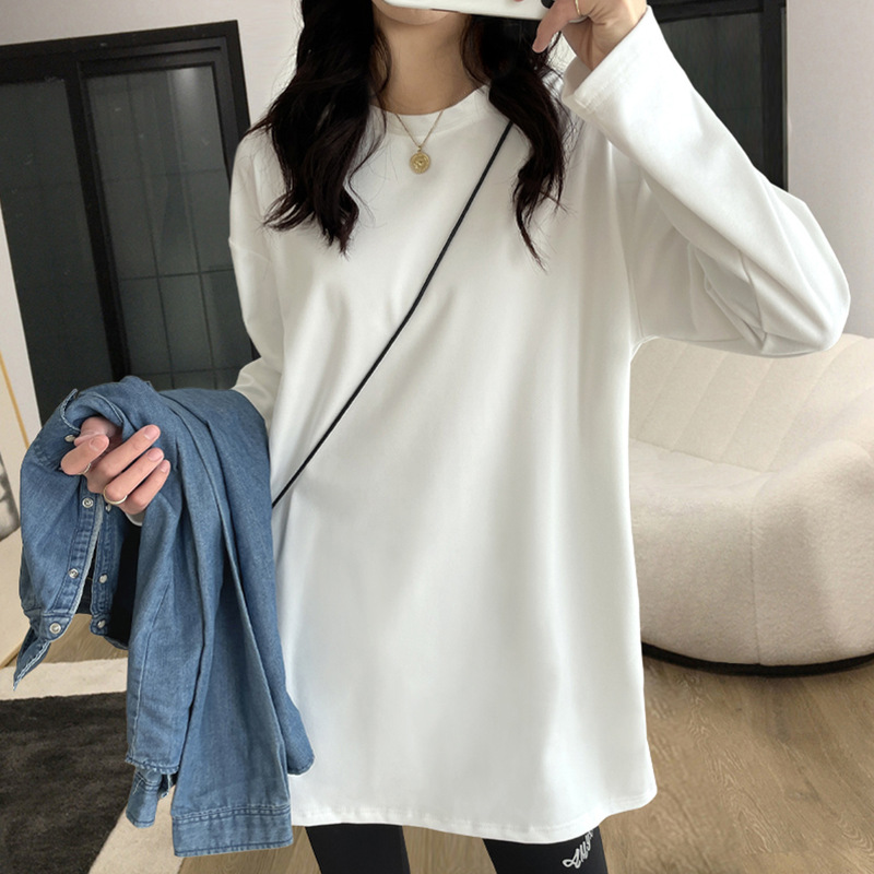 Pure Cotton Thickened Round-Neck White Base Shirt T-Shirt for Women, Mid-Length, Lazy Style, Covers the Hips and Belly, Long-Sleeved Top