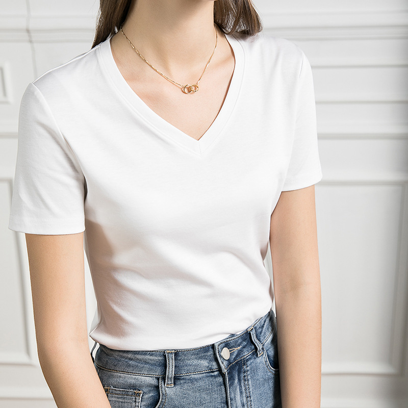Summer New Mercerized Cotton V-neck T-shirt Women's Short-sleeved Slim-fit Solid Color Spring and Summer Basic Half-sleeved European Station Top