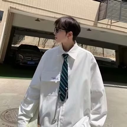 Men's Long-Sleeve Literary Collar Shirt, Spring and Autumn Casual College Style, Hong Kong Style, Japanese Graduation Class Uniform Shirt and Outerwear
