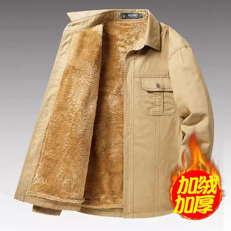 冬季新款男士商务休闲翻领加绒衬衫男士工装夹克翻领加绒大码衬衫