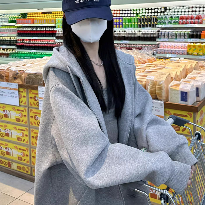 拉链帽衫卫衣女休闲外套开衫连帽上衣女新款春秋季宽松运动外套