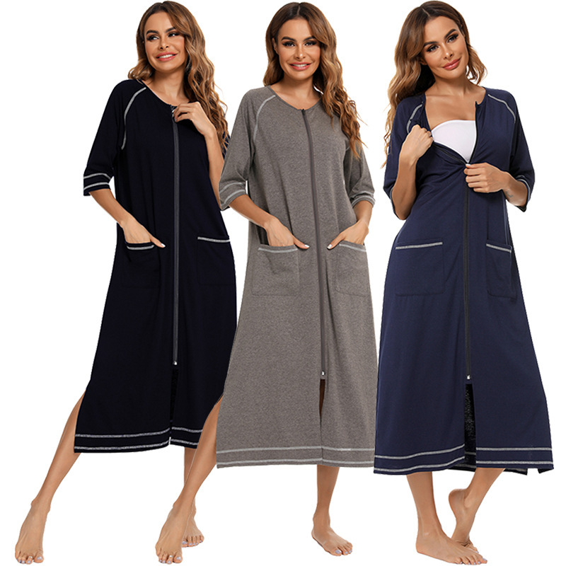 2026 European and American Fashion Women's Spring and Summer New Home Wear Comfortable Loose Mid-Sleeve Maternity Nursing Zipper Nightgown
