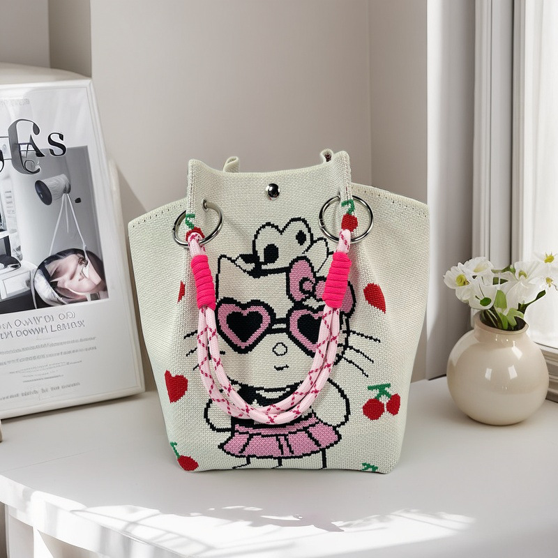 2025 nuevo estilo japonés y coreano bolso de mano de punto de gran capacidad estilo ins bolso de mano casual portátil de todo fósforo diario para mujer image 6
