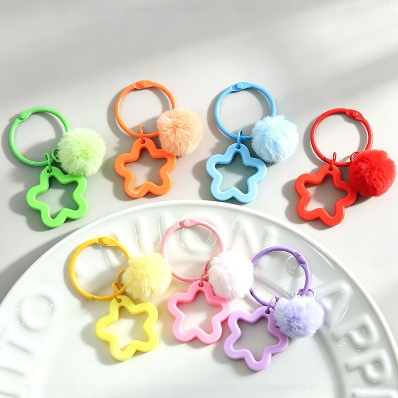 Ins-style colorful plush ball five-pointed star keychain, hollow star charm, backpack accessory, DIY bead jewelry