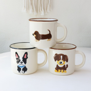 Cute Hand-Painted Puppy Mug Retro Imitation Enamel Water Cup Coffee Cup Household Ceramic Cup Couple Pair of Cups