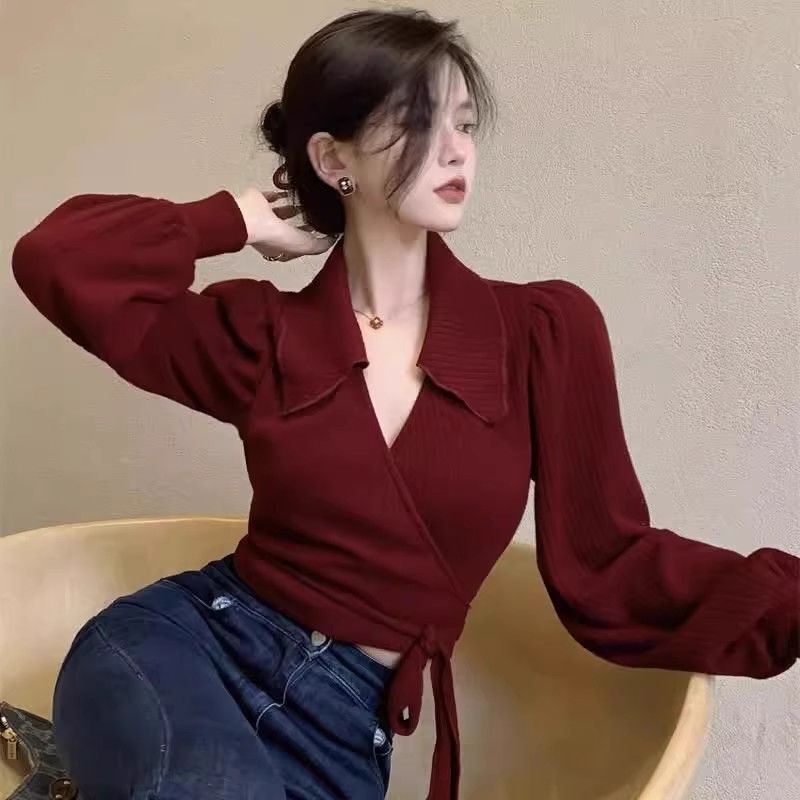 Plus size women's French style wine red polo collar bottoming shirt spring and autumn chubby girl puff sleeve inner wear long sleeve shoulder top