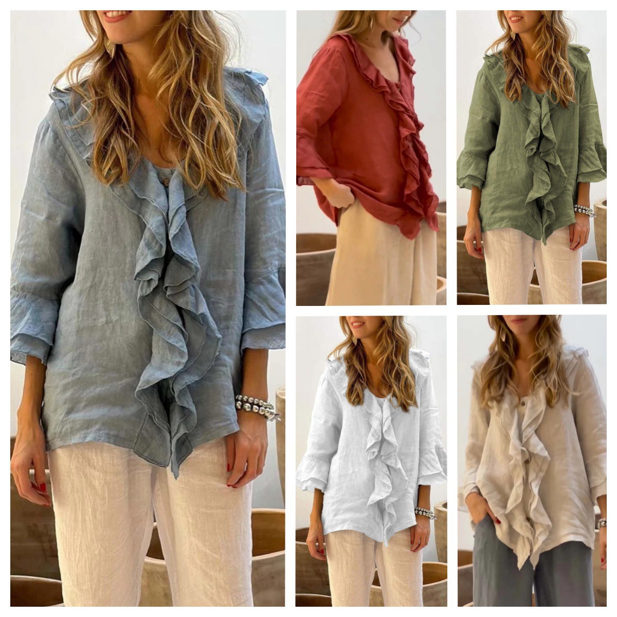 2024 estilo europeo y americano transfronterizo otoño color sólido nueva moda con cuello en V mangas voladoras con volantes suelta casual top mujer
