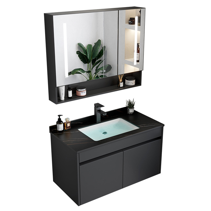 Negro engrosada espacio de aluminio baño gabinete combinación Hotel Rock placa integrada lavabo baño lavabo