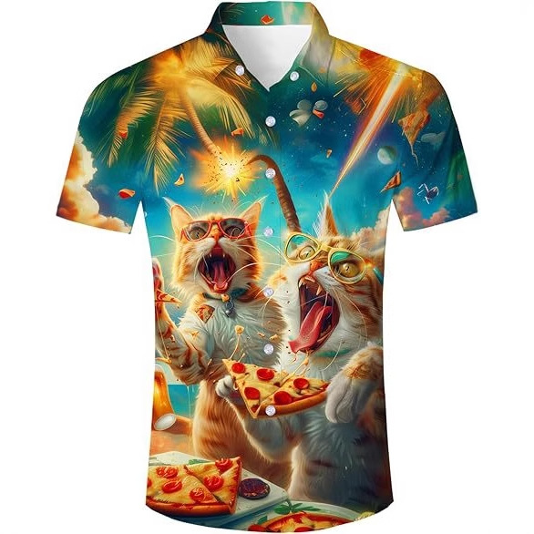 Venta caliente transfronteriza europea y americana, linda mascota gato estampado 3D, camisa hawaiana de manga corta con botones sueltos en la calle principal para hombres