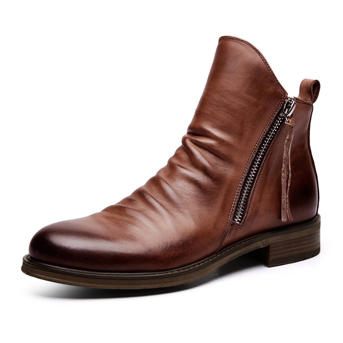 Spring and autumn style Martin boots, large size, double-sided zipper, non-slip men's boots, tassel boots, men's leather boots, large size trendy men's shoes