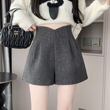 设计感高腰闪亮a字毛呢阔腿短裤女冬款2025新款显瘦女士靴裤子