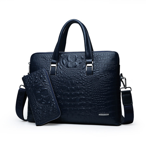 Cross-border men's bag business handbag horizontal crocodile pattern double zipper casual portable briefcase shoulder crossbody bag