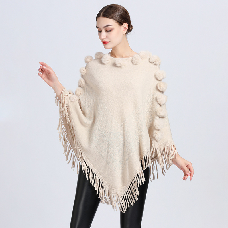 Cape à pompon en poils de lapin pour femme, pull à col rond_voghion.com