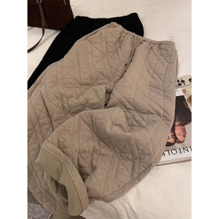 fleece-lined Thickened Loose Waist Rhombic Warm Cotton Pants Women's 2024 Autumn and Winter New Loose Casual Wide Leg Floor Trousers