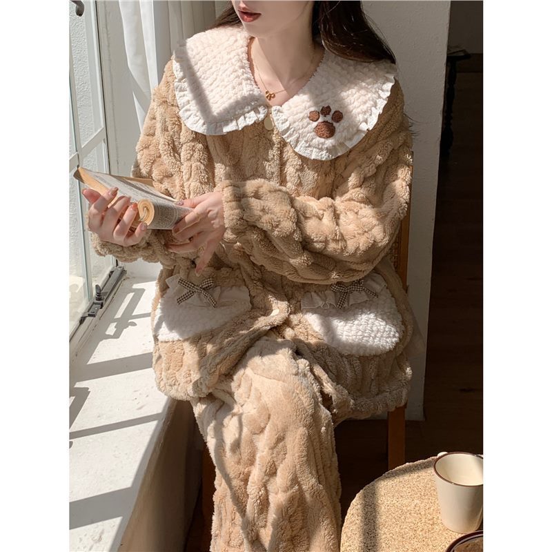 睡衣女秋冬季珊瑚绒加厚甜美可爱娃娃领开衫口袋家居服可外穿套装|undefined
