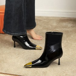 1763-A1 European and American style metal small pointed high-heeled fashion boots with thin heels, black patent leather side zipper, slim boots for women
