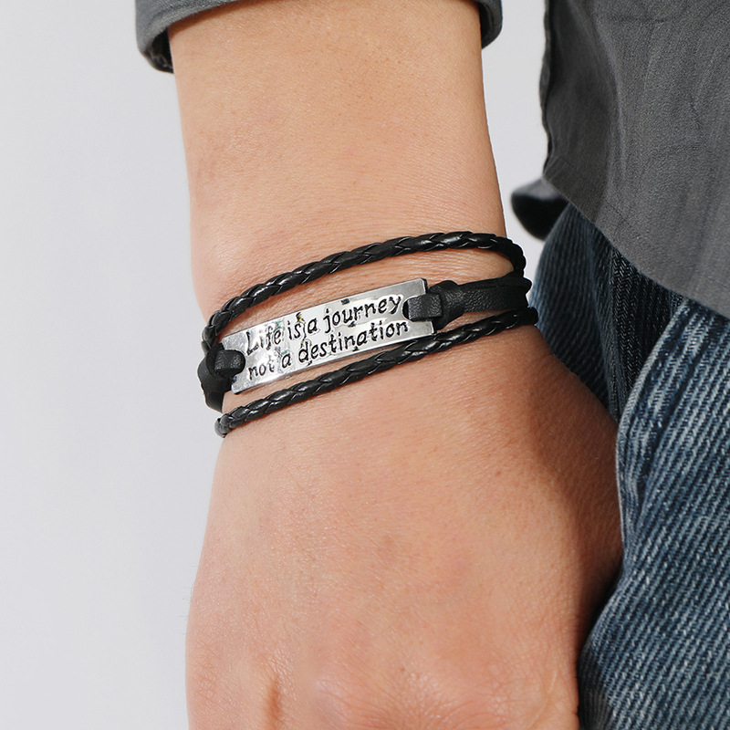 Knitting Design Fashion Letter Pu Leather Alloy Knitting Men'S Bracelets Men Cord & Leather Bracelets