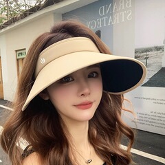 絲絨黑膠空頂帽女夏季防紫外線環繞大帽檐戶外全臉防曬遮陽太陽帽