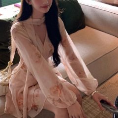 JUEMEI "晚秋花房"法式碎花v领长袖连衣裙女夏温柔风收腰短裙2025