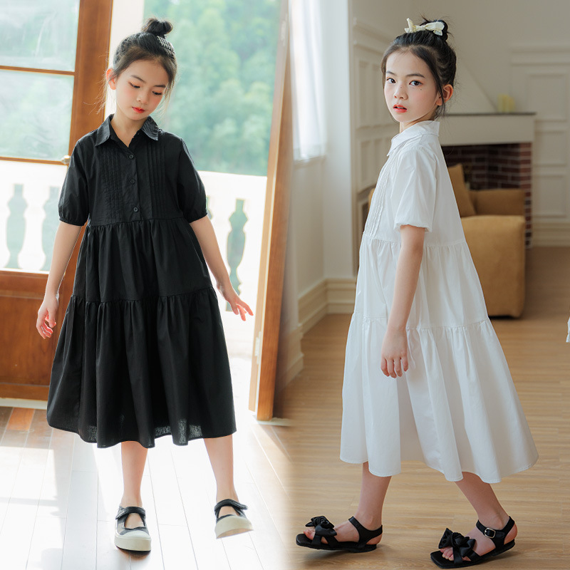 Stylish Girls' Petticoat, 2024 Summer New Arrival, Parent-Child Outfit for Middle and Large Children, Collared Student Dress, Short-Sleeved Cake Dress