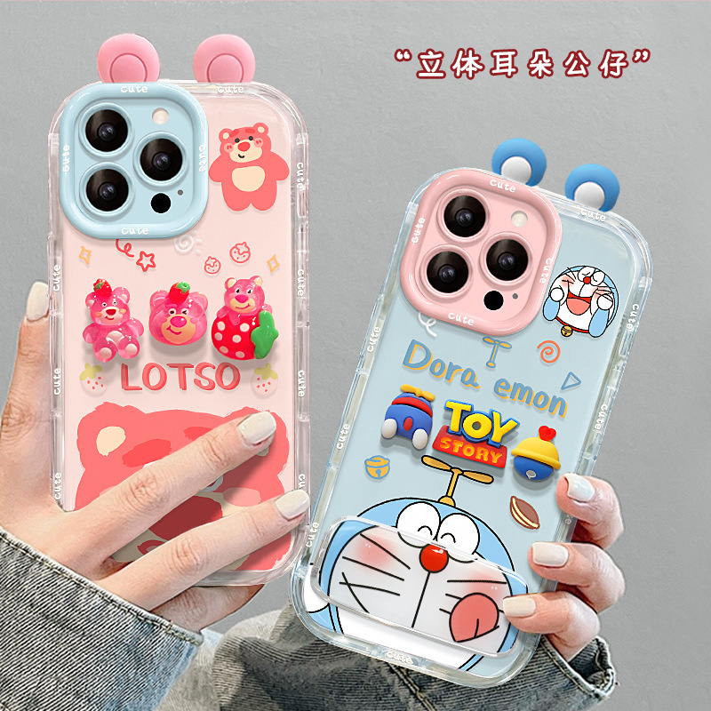 Strawberry Bear Doll Apple 17 Cute Phone Case 16Promax Stand 15 Cute Cartoon Doraemon Ears