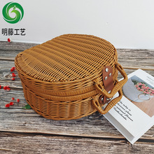 藤编手提箱椭圆收纳箱复古手提箱子旅行箱拍摄道具箱伴手礼箱