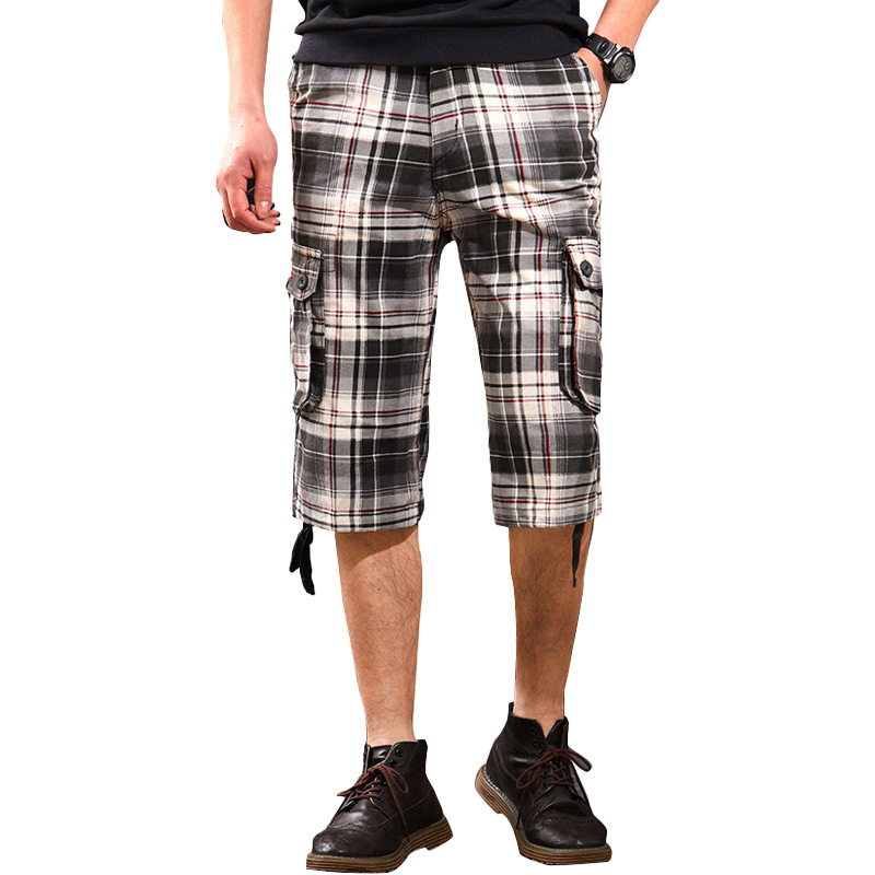 Primavera y verano Comercio exterior Plaid shorts pantalones de playa de los hombres multi-Bolsillo 7-punto pantalones sueltos más tamaño ropa de trabajo medio pantalones al por mayor