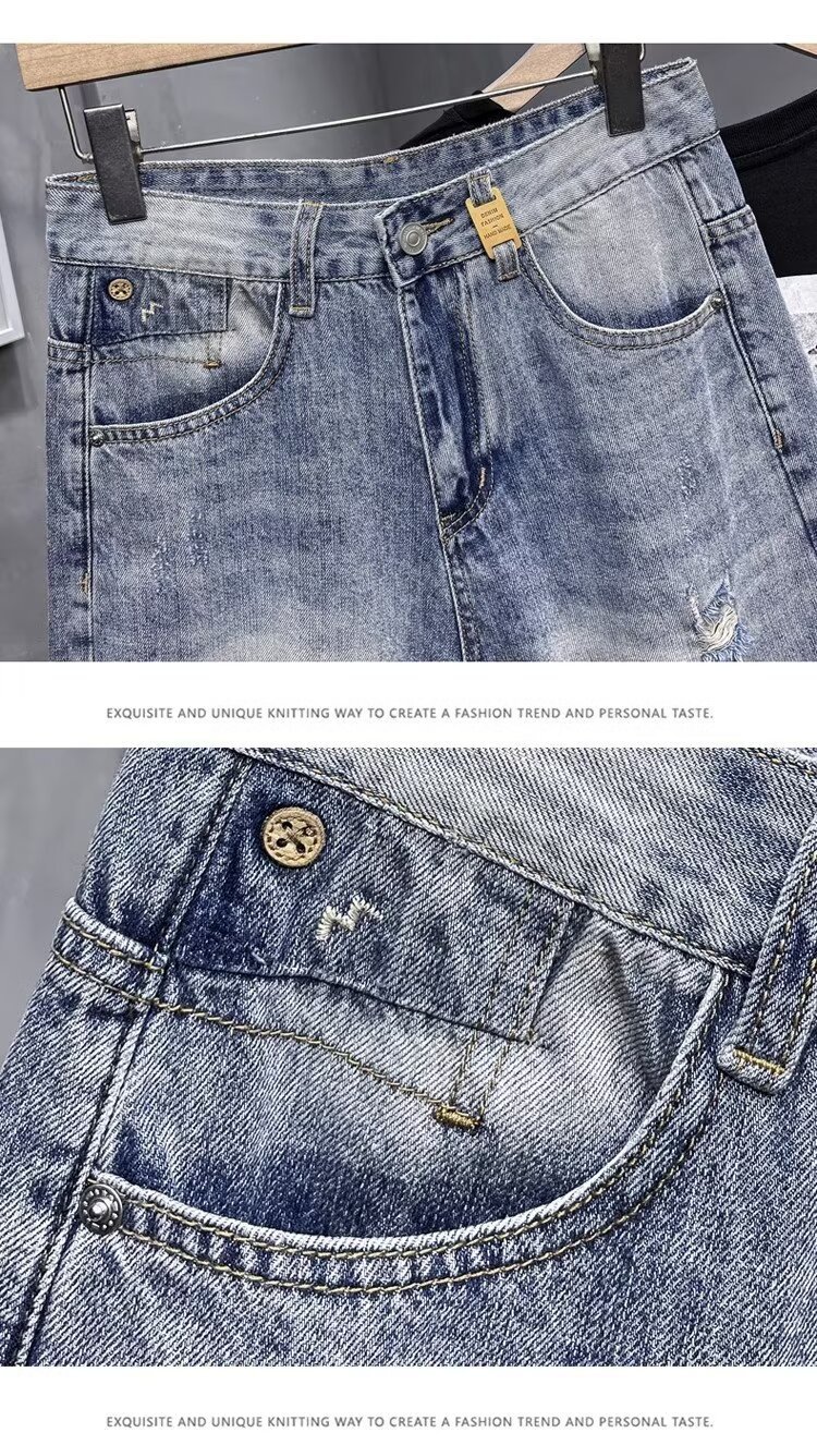 Men's Clothing Men's Ripped Denim Shorts Summer Wear Resistant Light Colored Elastic Comfortable Casual Retro Washed Handsome_mkmklike.com
